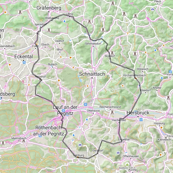 Karten-Miniaturansicht der Radinspiration "Rundtour von Igensdorf nach Nürnberg-Blick" in Oberfranken, Germany. Erstellt vom Tarmacs.app-Routenplaner für Radtouren