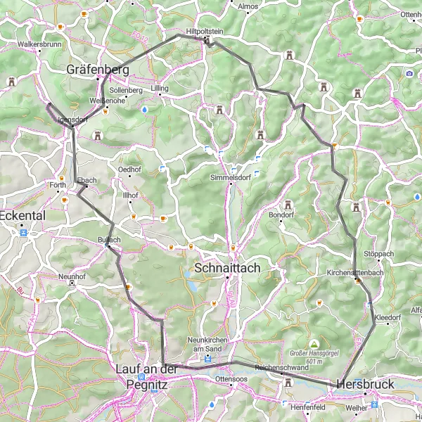 Map miniature of "Exploring the Hirschbachtal Valley" cycling inspiration in Oberfranken, Germany. Generated by Tarmacs.app cycling route planner