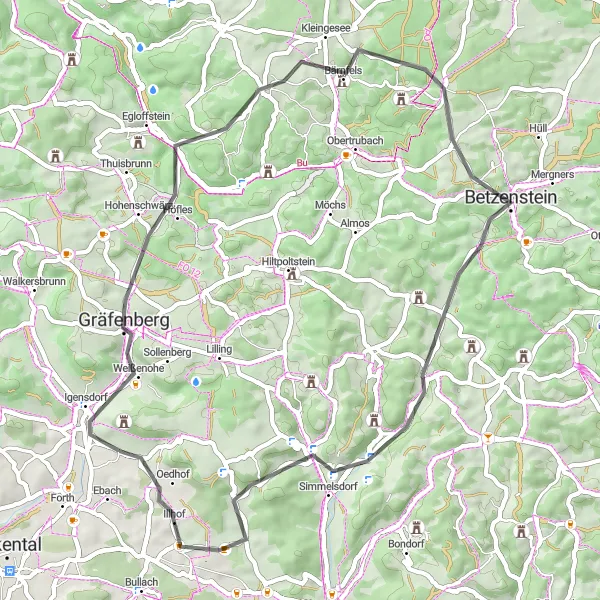 Map miniature of "Gräfenberg Circuit" cycling inspiration in Oberfranken, Germany. Generated by Tarmacs.app cycling route planner