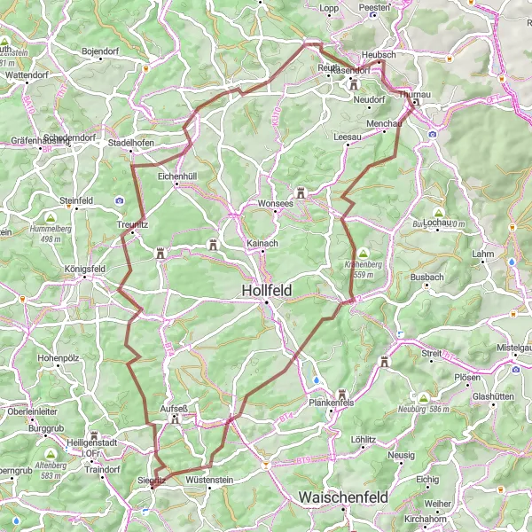 Map miniature of "Gravel Through Hills" cycling inspiration in Oberfranken, Germany. Generated by Tarmacs.app cycling route planner