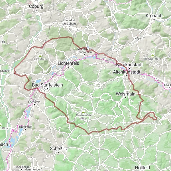 Karten-Miniaturansicht der Radinspiration "Schotterroute von Kasendorf über 105km mit 1524m Aufstieg" in Oberfranken, Germany. Erstellt vom Tarmacs.app-Routenplaner für Radtouren