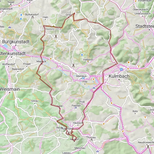 Map miniature of "Gravel Adventure Around Kasendorf" cycling inspiration in Oberfranken, Germany. Generated by Tarmacs.app cycling route planner
