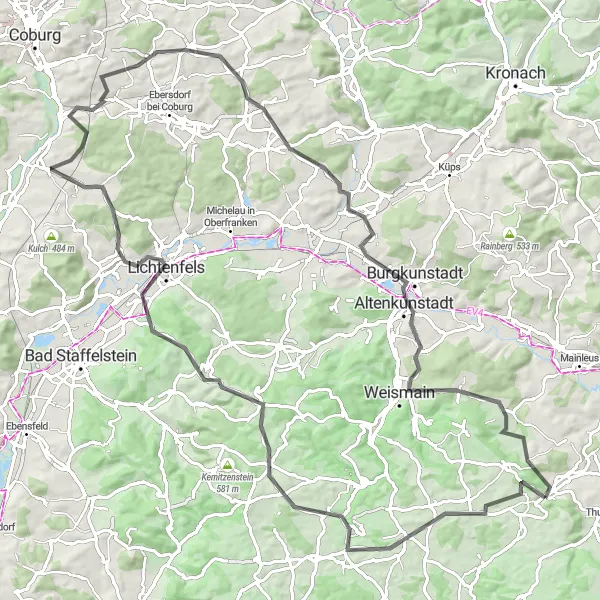 Map miniature of "The Road Escape" cycling inspiration in Oberfranken, Germany. Generated by Tarmacs.app cycling route planner