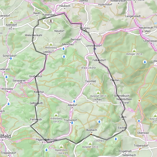 Map miniature of "Kasendorf Loop" cycling inspiration in Oberfranken, Germany. Generated by Tarmacs.app cycling route planner