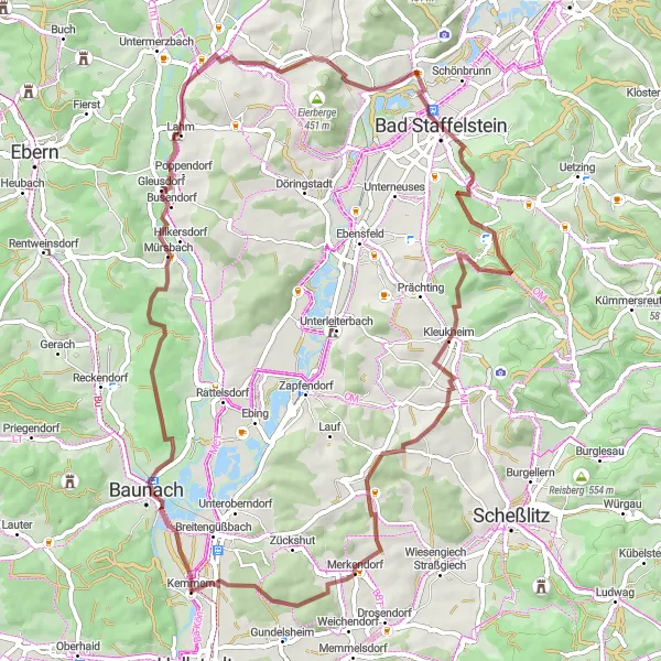 Map miniature of "Baunach-Itzgrund-Blick-Trimeusel-Nedensdorf-Staffelberg-Horsdorf-Ansberg-Windischletten-Kemmern Loop" cycling inspiration in Oberfranken, Germany. Generated by Tarmacs.app cycling route planner