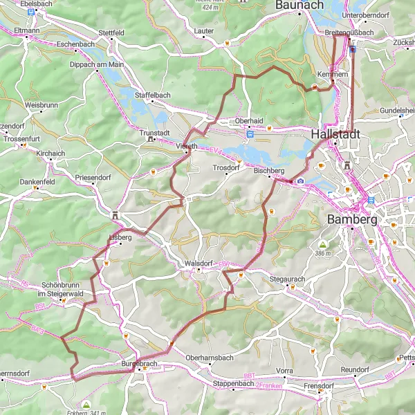 Map miniature of "Hallstadt-Vogelberg-Burgebrach-Lisberg-Semberg-Kemmern Loop" cycling inspiration in Oberfranken, Germany. Generated by Tarmacs.app cycling route planner