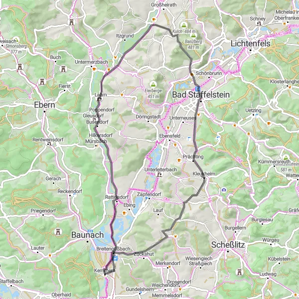 Map miniature of "Höfen-Gleusdorf-Himmelreich-Steglitz-Badstaffelstein-Ansberg-Oberoberndorf-Breitengüßbach Loop" cycling inspiration in Oberfranken, Germany. Generated by Tarmacs.app cycling route planner