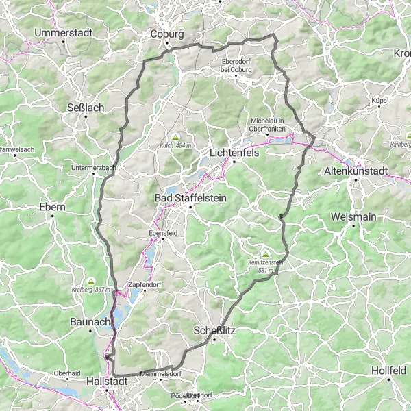 Karten-Miniaturansicht der Radinspiration "Hügeliges Oberfranken" in Oberfranken, Germany. Erstellt vom Tarmacs.app-Routenplaner für Radtouren