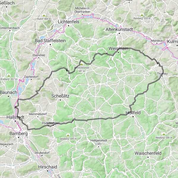 Map miniature of "Breitengüßbach-Dörrnwasserlos-Kemitzenstein-Kalkberg-Weismain-Thurnau-Belvedere-Hollfeld-Ellernbachtal-Blick-Hallstadt Loop" cycling inspiration in Oberfranken, Germany. Generated by Tarmacs.app cycling route planner