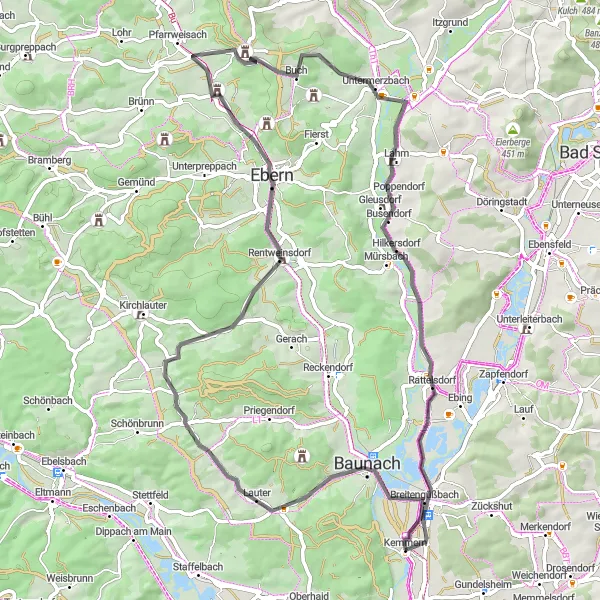 Map miniature of "Scenic Road Cycling Tour in Oberfranken" cycling inspiration in Oberfranken, Germany. Generated by Tarmacs.app cycling route planner