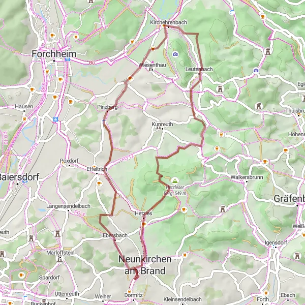 Karten-Miniaturansicht der Radinspiration "Abenteuerliche Graveltour in der Umgebung von Kirchehrenbach" in Oberfranken, Germany. Erstellt vom Tarmacs.app-Routenplaner für Radtouren