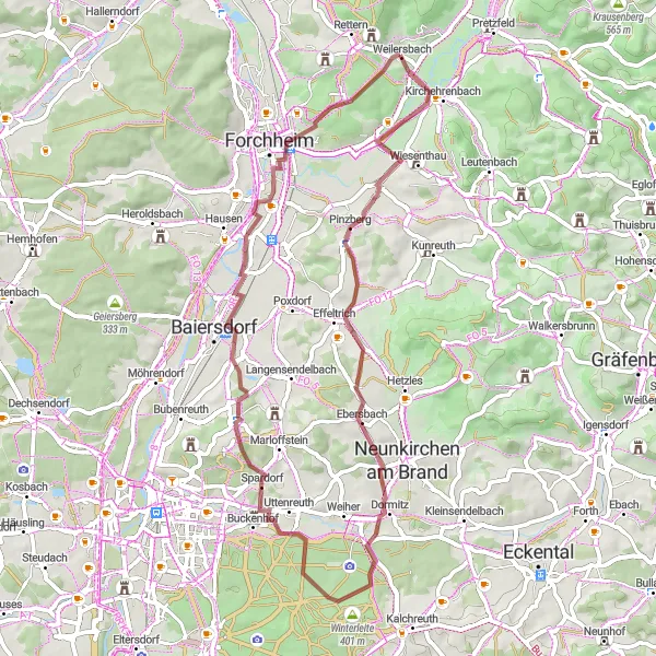 Karten-Miniaturansicht der Radinspiration "Rund um Kirchehrenbach - Gravel Tour" in Oberfranken, Germany. Erstellt vom Tarmacs.app-Routenplaner für Radtouren