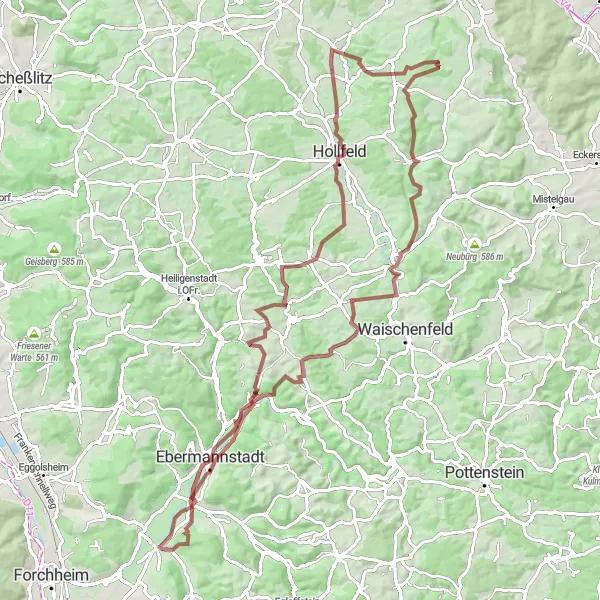 Map miniature of "Challenge Yourself: Kirchehrenbach Gravel Expedition" cycling inspiration in Oberfranken, Germany. Generated by Tarmacs.app cycling route planner