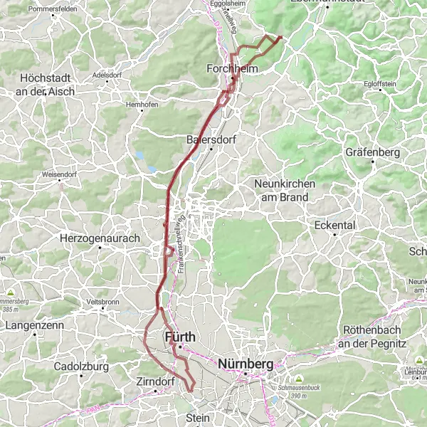 Map miniature of "The Gravel Adventure: Kirchehrenbach Loop" cycling inspiration in Oberfranken, Germany. Generated by Tarmacs.app cycling route planner