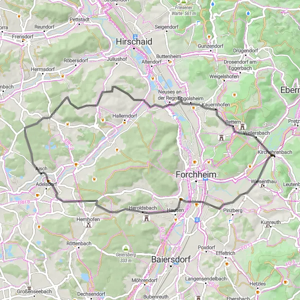 Map miniature of "Kirchehrenbach Loop" cycling inspiration in Oberfranken, Germany. Generated by Tarmacs.app cycling route planner