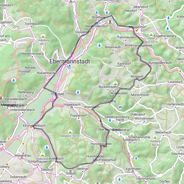 Map miniature of "Scenic Road Loop: Kirchehrenbach" cycling inspiration in Oberfranken, Germany. Generated by Tarmacs.app cycling route planner