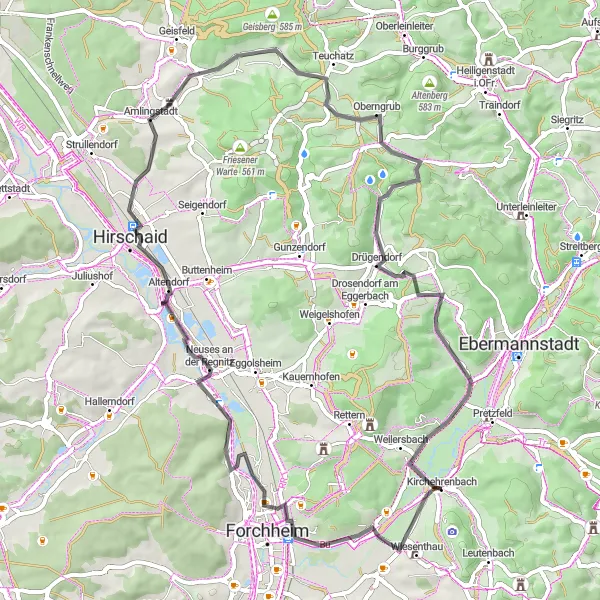 Map miniature of "Road Cycling Delight: Kirchehrenbach Loop" cycling inspiration in Oberfranken, Germany. Generated by Tarmacs.app cycling route planner