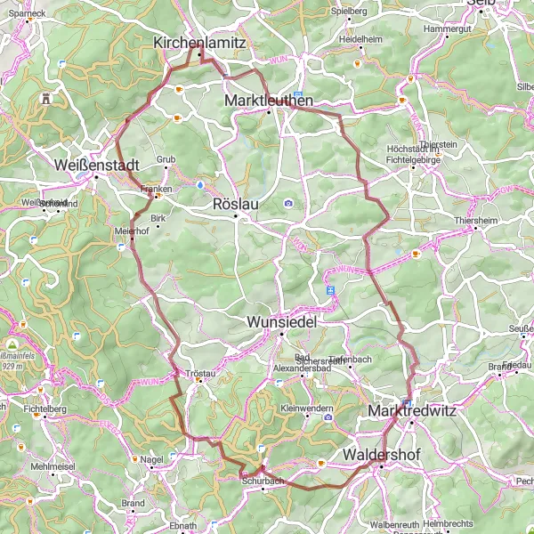 Map miniature of "Gravel Adventure to Raumetengrün and Hohe Matze" cycling inspiration in Oberfranken, Germany. Generated by Tarmacs.app cycling route planner