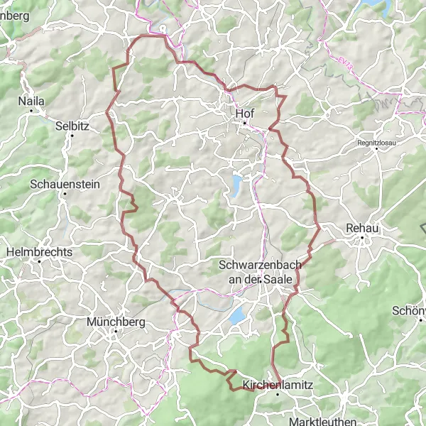 Map miniature of "Gravel Adventures in Kirchenlamitz" cycling inspiration in Oberfranken, Germany. Generated by Tarmacs.app cycling route planner