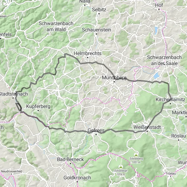 Map miniature of "Road Cycling Challenge to Münchberg and Schiedarangen" cycling inspiration in Oberfranken, Germany. Generated by Tarmacs.app cycling route planner