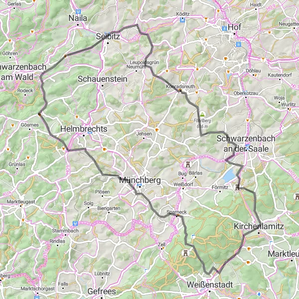 Map miniature of "Road Cycling Through Kirchenlamitz and Beyond" cycling inspiration in Oberfranken, Germany. Generated by Tarmacs.app cycling route planner