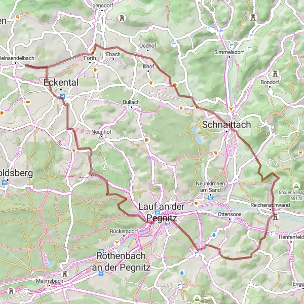 Karten-Miniaturansicht der Radinspiration "Abenteuerliche Graveltour um Kleinsendelbach" in Oberfranken, Germany. Erstellt vom Tarmacs.app-Routenplaner für Radtouren