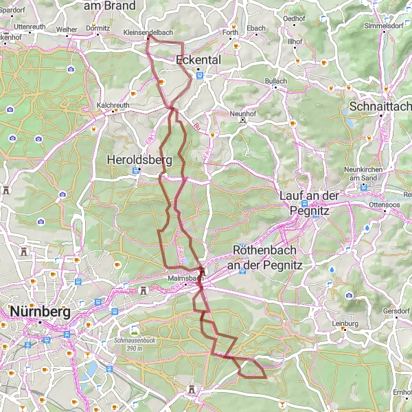 Map miniature of "Gravel Adventure Around Kleinsendelbach" cycling inspiration in Oberfranken, Germany. Generated by Tarmacs.app cycling route planner