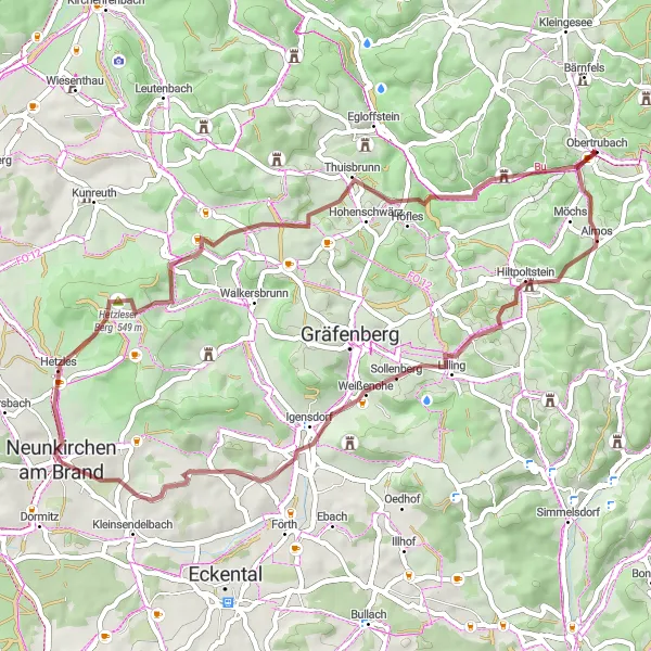 Karten-Miniaturansicht der Radinspiration "Naturschönheiten entlang der Gravelroute" in Oberfranken, Germany. Erstellt vom Tarmacs.app-Routenplaner für Radtouren