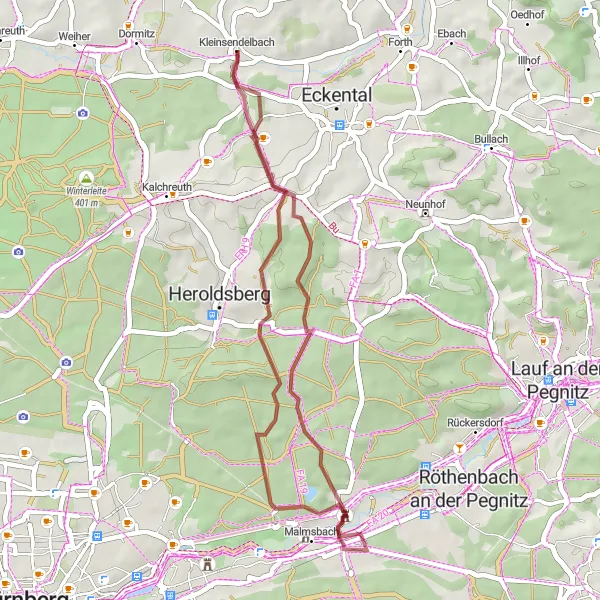 Map miniature of "Gravel Adventure near Kleinsendelbach" cycling inspiration in Oberfranken, Germany. Generated by Tarmacs.app cycling route planner