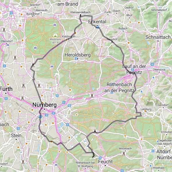 Karten-Miniaturansicht der Radinspiration "Kleinsendelbach nach Nuremberg" in Oberfranken, Germany. Erstellt vom Tarmacs.app-Routenplaner für Radtouren