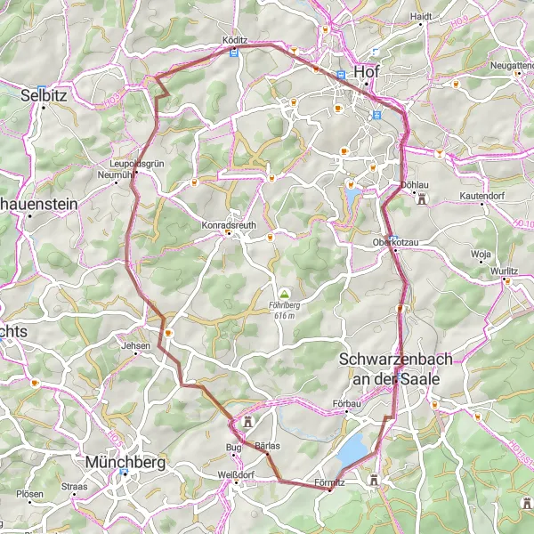 Map miniature of "Exploring the Serene Gravel Roads" cycling inspiration in Oberfranken, Germany. Generated by Tarmacs.app cycling route planner