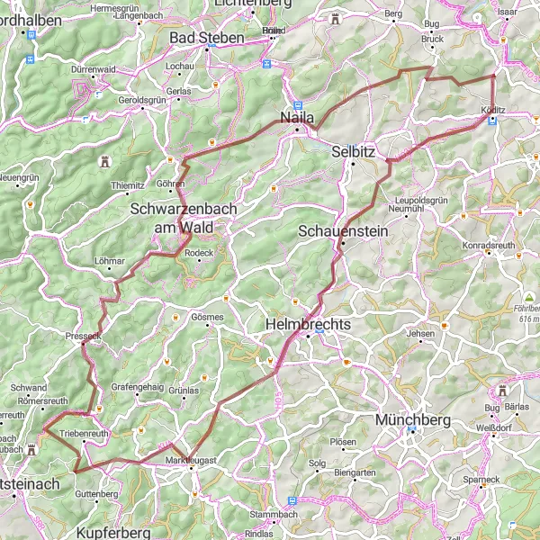 Map miniature of "Challenging Gravel Adventure through Oberfranken" cycling inspiration in Oberfranken, Germany. Generated by Tarmacs.app cycling route planner