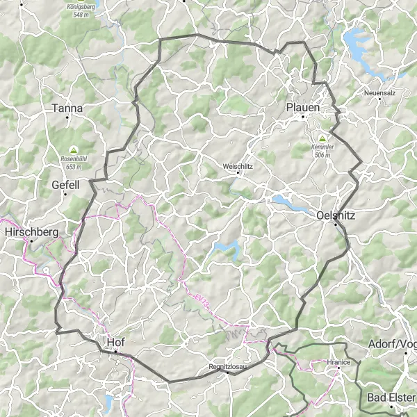 Map miniature of "Mödlareuth Discovery" cycling inspiration in Oberfranken, Germany. Generated by Tarmacs.app cycling route planner