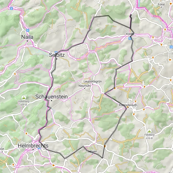 Map miniature of "Köditz Cycling Adventure" cycling inspiration in Oberfranken, Germany. Generated by Tarmacs.app cycling route planner