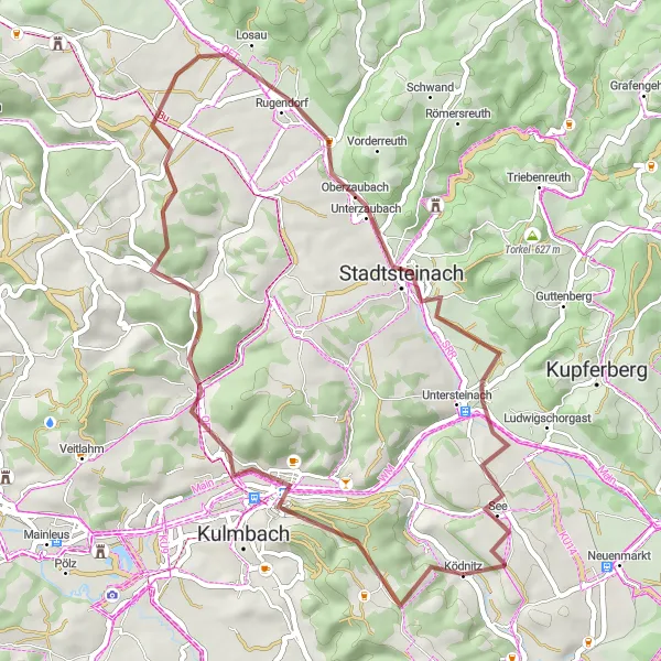 Map miniature of "Ködnitz Gravel Adventure" cycling inspiration in Oberfranken, Germany. Generated by Tarmacs.app cycling route planner