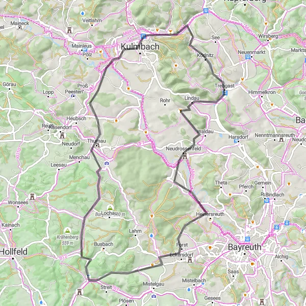 Map miniature of "Neudrossenfeld Exploration" cycling inspiration in Oberfranken, Germany. Generated by Tarmacs.app cycling route planner