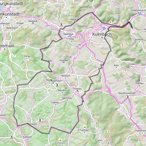 Map miniature of "The Legends of Rehberg Road" cycling inspiration in Oberfranken, Germany. Generated by Tarmacs.app cycling route planner