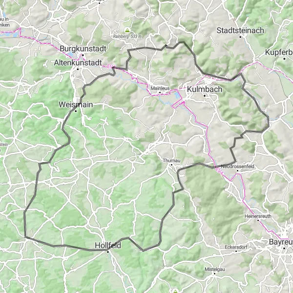 Map miniature of "The Neudrossenfeld Road Expedition" cycling inspiration in Oberfranken, Germany. Generated by Tarmacs.app cycling route planner
