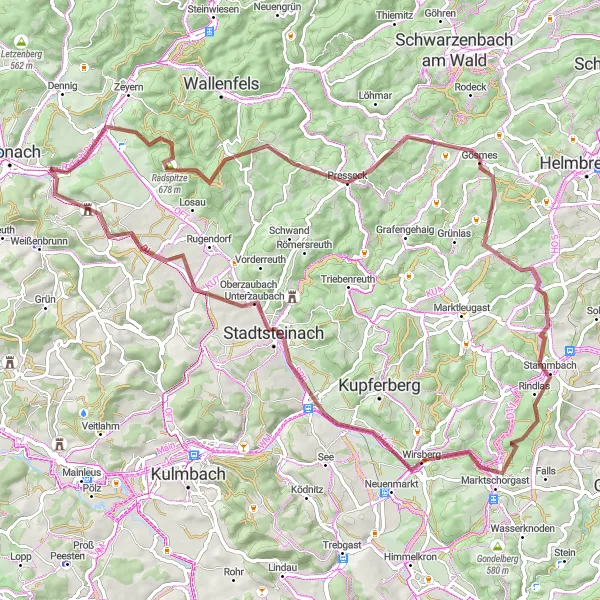 Map miniature of "The Gravel Adventure" cycling inspiration in Oberfranken, Germany. Generated by Tarmacs.app cycling route planner