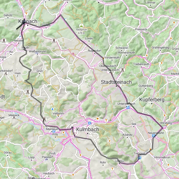 Map miniature of "Road Cycling Adventure" cycling inspiration in Oberfranken, Germany. Generated by Tarmacs.app cycling route planner