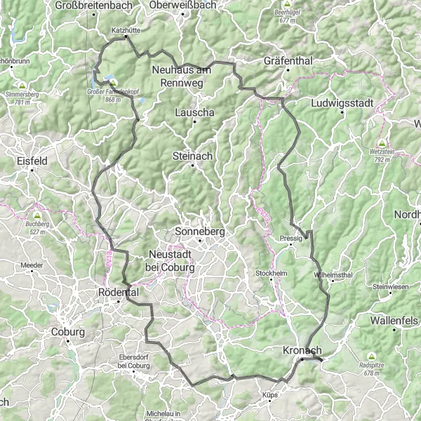 Karten-Miniaturansicht der Radinspiration "Entdeckungsreise rund um Kronach" in Oberfranken, Germany. Erstellt vom Tarmacs.app-Routenplaner für Radtouren