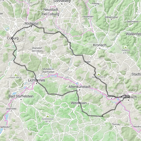 Karten-Miniaturansicht der Radinspiration "Rundtour Kulmbach - Lichtenfels - Coburg" in Oberfranken, Germany. Erstellt vom Tarmacs.app-Routenplaner für Radtouren