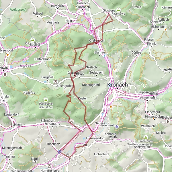 Karten-Miniaturansicht der Radinspiration "Rundtour ab Küps über Gehülz und Bierberg" in Oberfranken, Germany. Erstellt vom Tarmacs.app-Routenplaner für Radtouren