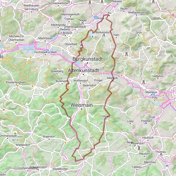 Map miniature of "Thrilling Gravel Ride to Külmitz and Holzfrauen-Stäffele" cycling inspiration in Oberfranken, Germany. Generated by Tarmacs.app cycling route planner