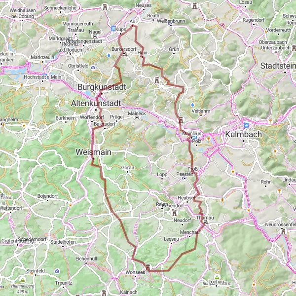 Map miniature of "Gravel Adventure to Rainberg and Thurnau" cycling inspiration in Oberfranken, Germany. Generated by Tarmacs.app cycling route planner