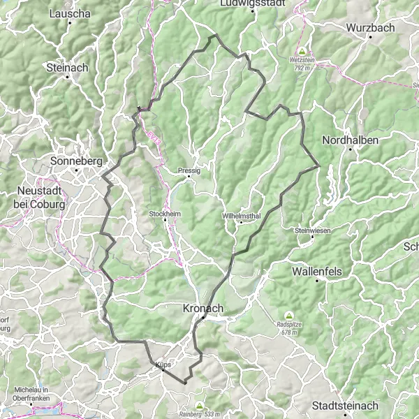 Karten-Miniaturansicht der Radinspiration "Herausfordernde Tour von Küps nach Hain" in Oberfranken, Germany. Erstellt vom Tarmacs.app-Routenplaner für Radtouren