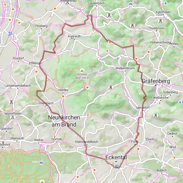 Karten-Miniaturansicht der Radinspiration "Höhen und Täler von Leutenbach" in Oberfranken, Germany. Erstellt vom Tarmacs.app-Routenplaner für Radtouren