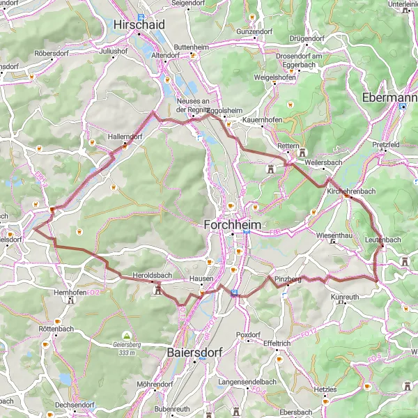 Map miniature of "Pinzberg and Kirchehrenbach Gravel Route" cycling inspiration in Oberfranken, Germany. Generated by Tarmacs.app cycling route planner