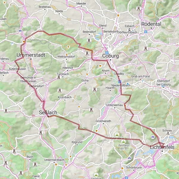 Karten-Miniaturansicht der Radinspiration "Gravelabenteuer um Seßlach" in Oberfranken, Germany. Erstellt vom Tarmacs.app-Routenplaner für Radtouren