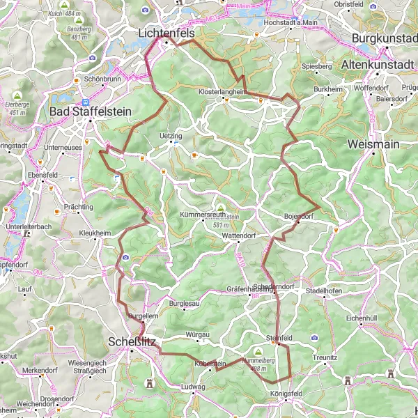 Karten-Miniaturansicht der Radinspiration "Gravelabenteuer um Scheßlitz" in Oberfranken, Germany. Erstellt vom Tarmacs.app-Routenplaner für Radtouren